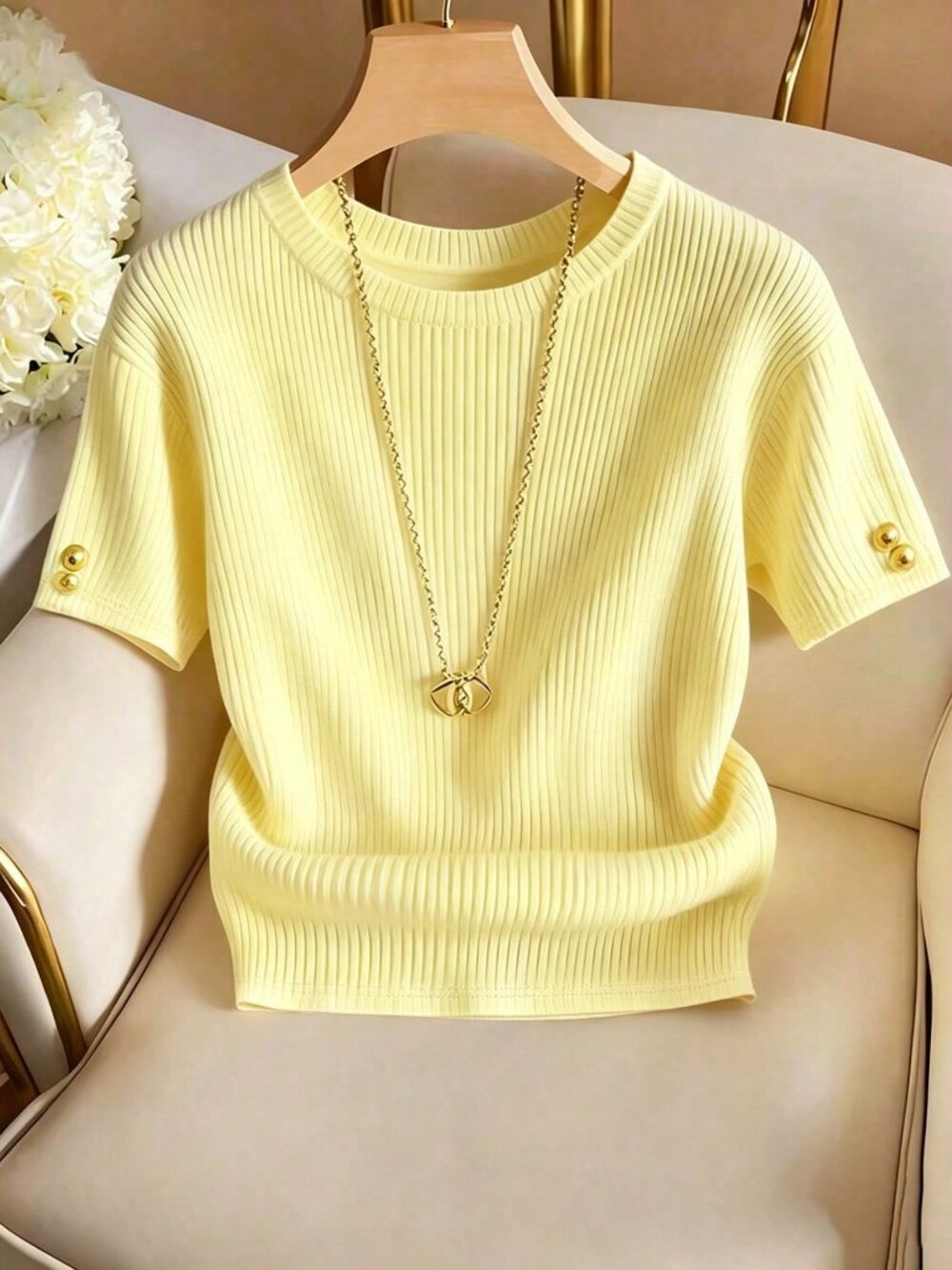 Yellow Casual Women's Elegant Round Neck Knit T-Shirt